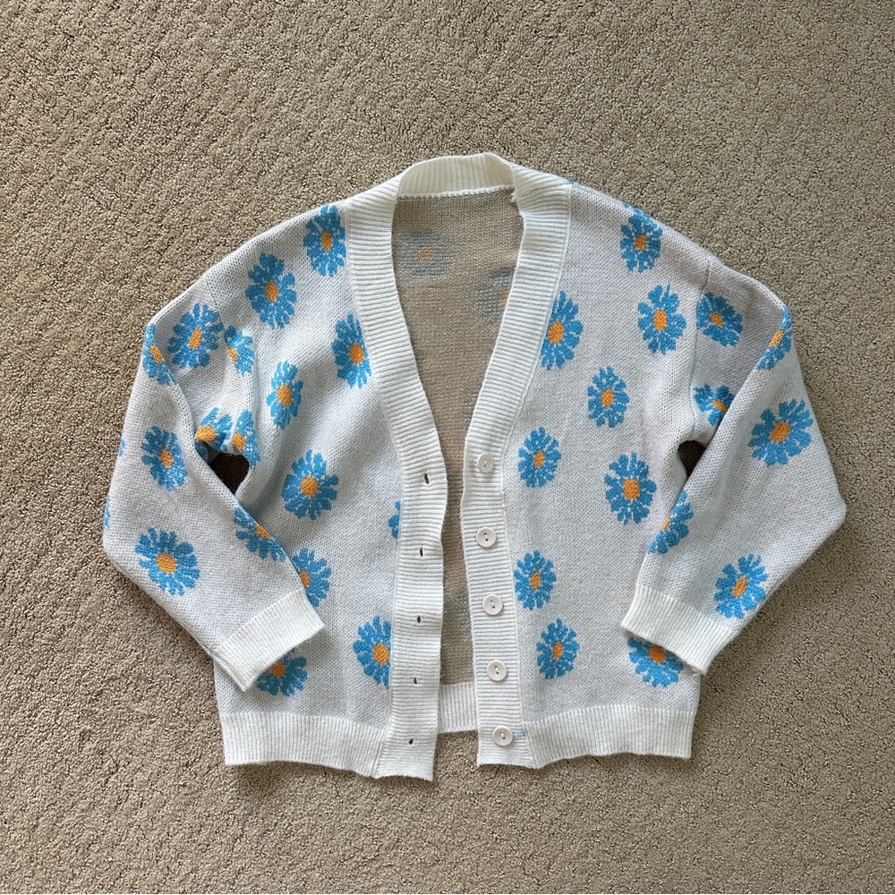 Women’s White & Blue Daisy Floral Button-Down Cardigan Sweater Sz Small